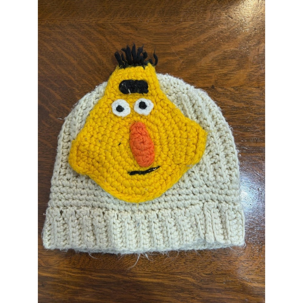 Vintage‎ Sesame Street Hat Beanie Boys One Size Cream Yellow Bert Crochet